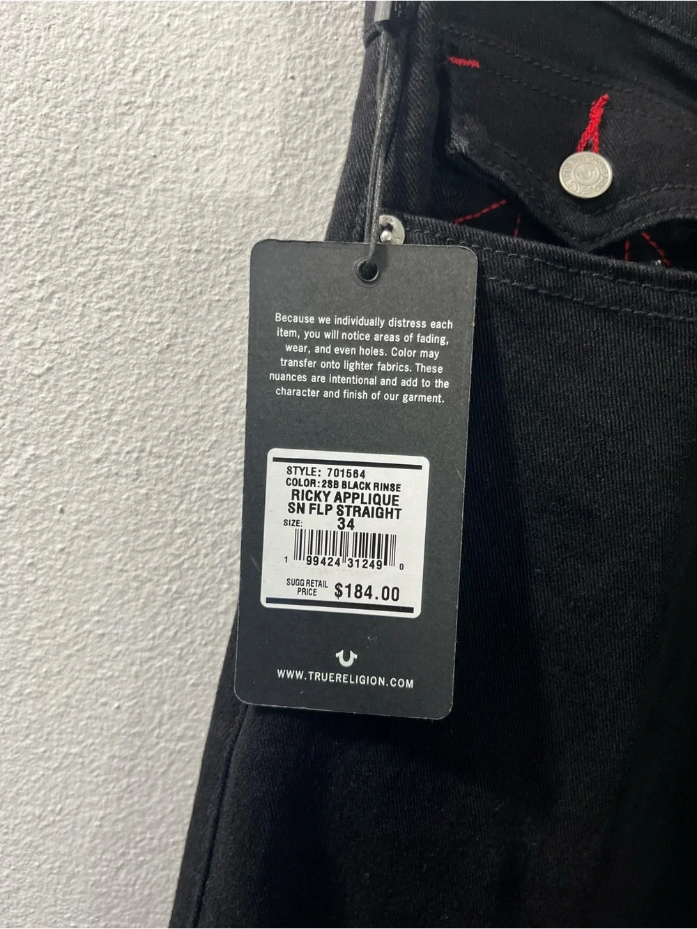 True Religion Ricky Applique SN Flap Straight “2SB Black Rinse” 34x30 #701564